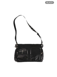 pocket-faux-leather-adjustable-strap-shoulder-bag-om420 / Black