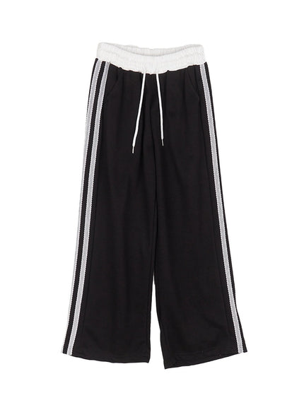 lace-striped-wide-fit-sweatpants-cu506 / Black