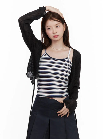 mesh-ribbon-tie-bolero-cardigan / Black