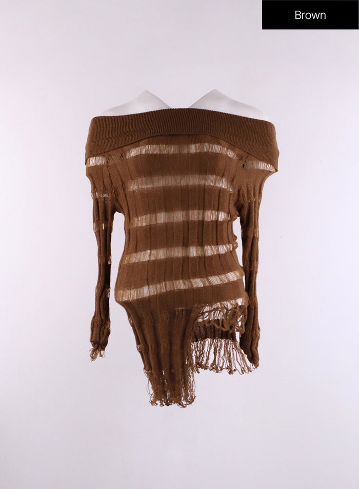 striped-ripped-knit-long-sleeve-top-cf406 / Brown