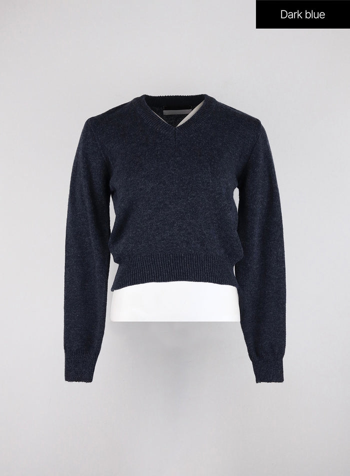 v-neck-knitted-long-sleeve-sweater-od326 / Dark blue