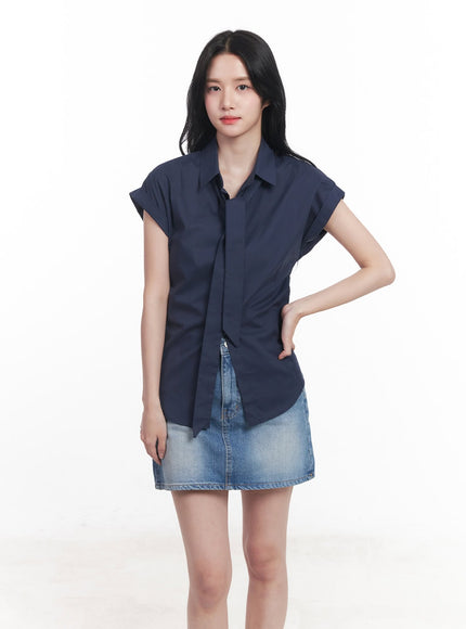 collared-blouse-top-neck-tie-set-cy523 / Dark blue