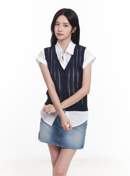 knit-buttoned-vest-top-cy523 / Dark blue
