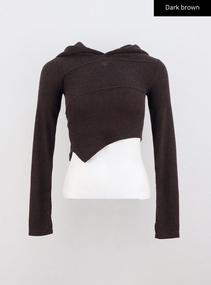 asymmetrical-crop-hooded-tee-cn314 / Dark brown