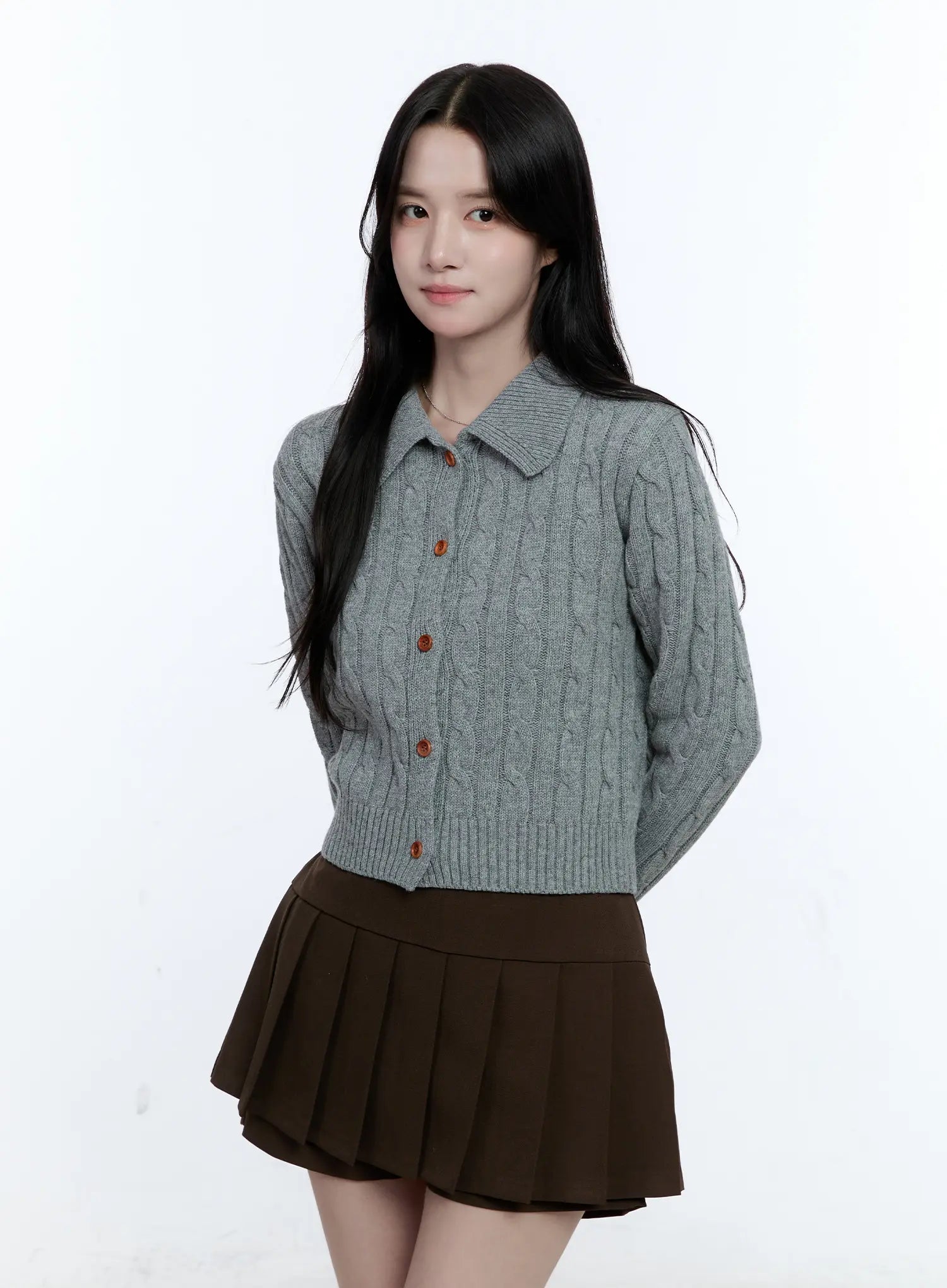 button-up-collared-cable-knit-cardigan-cg514 / Dark gray