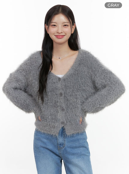 v-neck-boucle-knit-cardigan-os423 / Gray