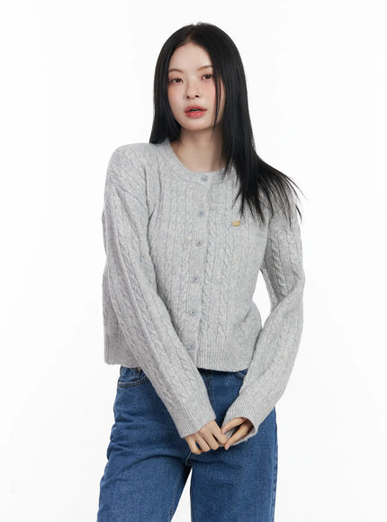 round-neck-cable-knit-cardigan-cj519 / Gray