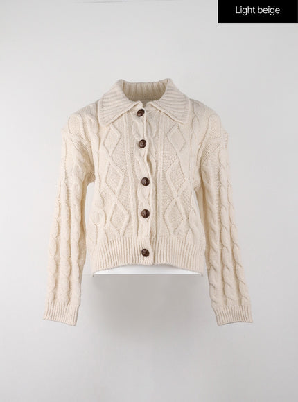 wool-blend-cable-knit-collar-solid-button-cardigan-ij302 / Light beige