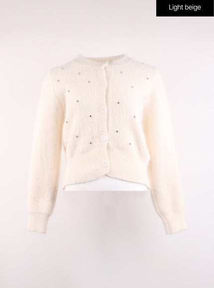 fuzzy-pearl-detail-cardigan-oj425 / Light beige