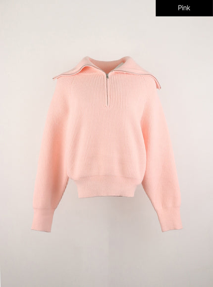 half-zip-ribbed-knit-sweater-od311 / Pink