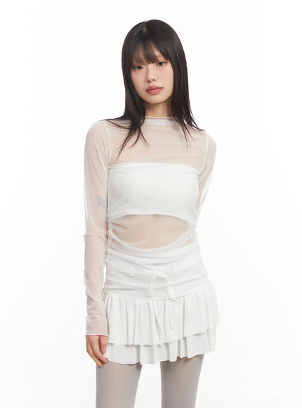 sheer-shirred-long-sleeve-top-ca522 / White