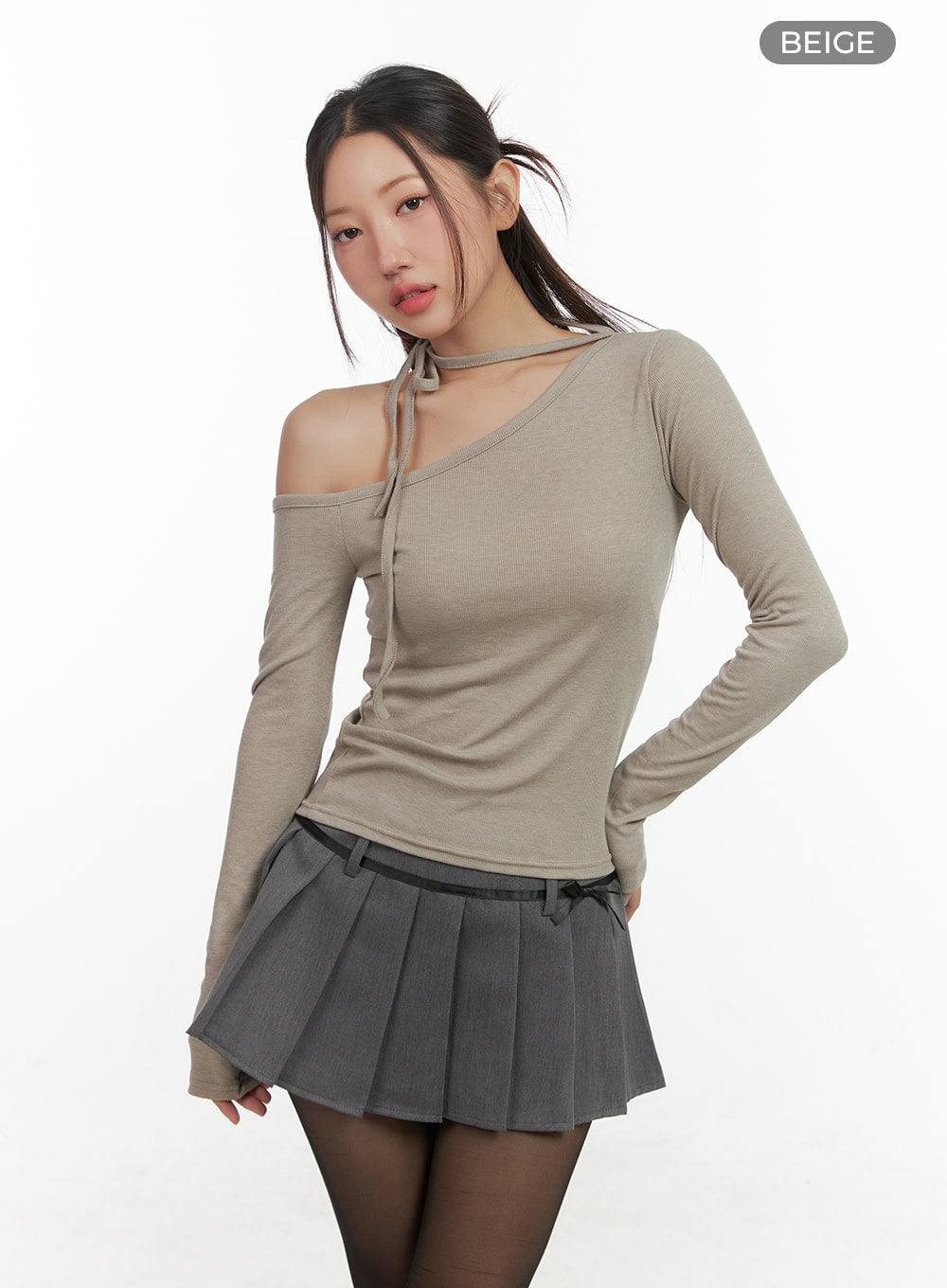 ribbon-one-shoulder-top-co417 / Beige