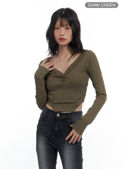 v-neck-ruffle-slim-fit-crop-top-cs420 / Dark green