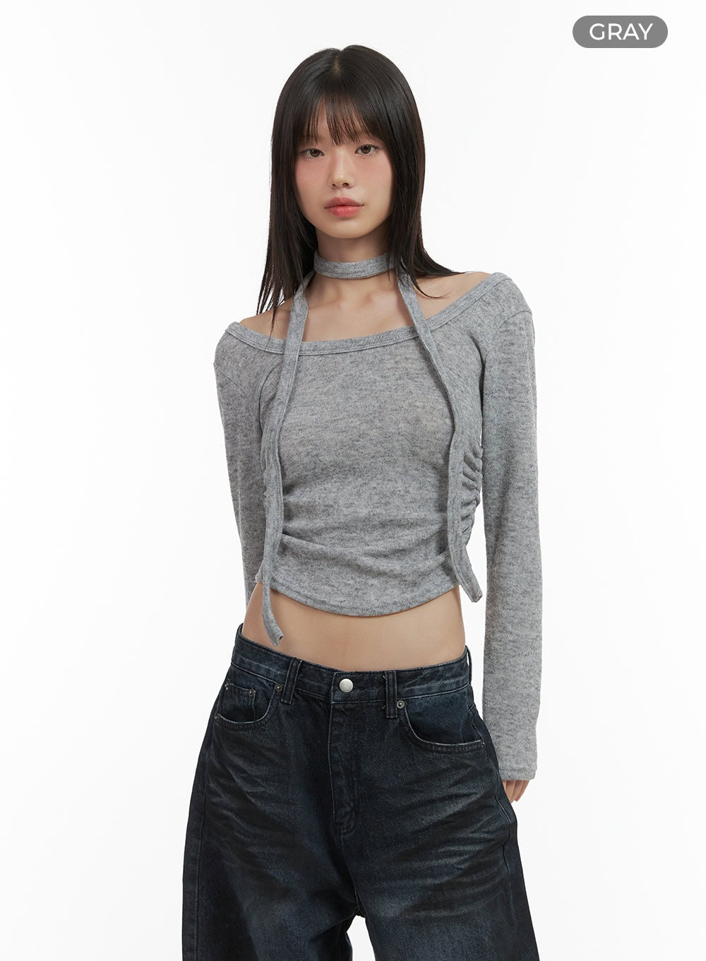 shirred-cropped-long-sleeve-top-with-choker-set-co410 / Gray