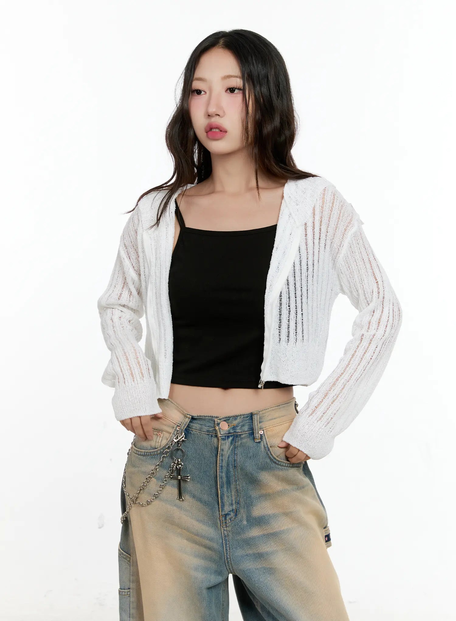 summer-knit-cropped-zip-up-cg501 / White