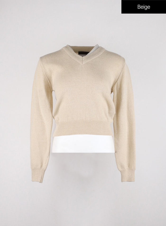 v-neck-knitted-long-sleeve-sweater-od326 / Beige