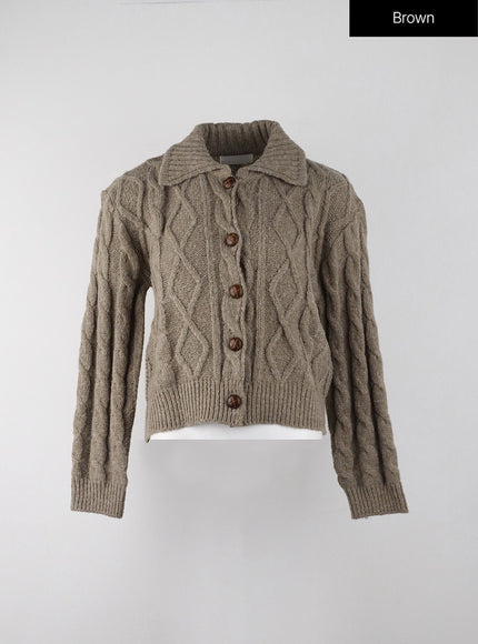 wool-blend-cable-knit-collar-solid-button-cardigan-ij302 / Brown
