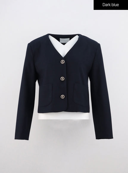 collarless-crop-blazer-jacket-oo312 / Dark blue