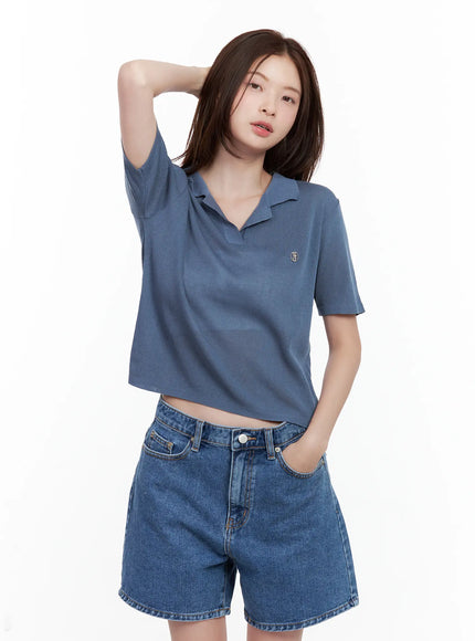 lightweight-mesh-collared-top / Dark blue