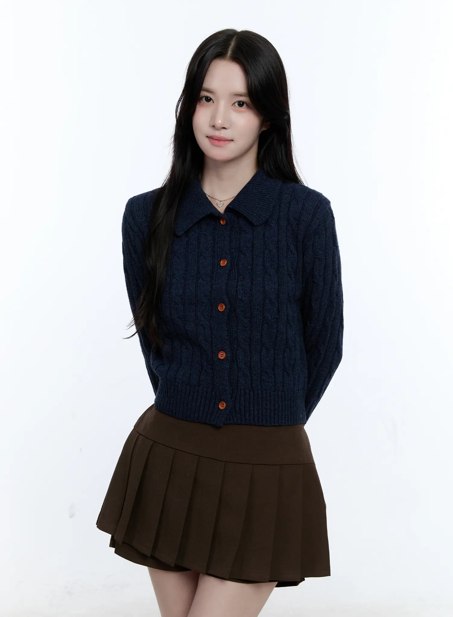 button-up-collared-cable-knit-cardigan-cg514 / Dark blue
