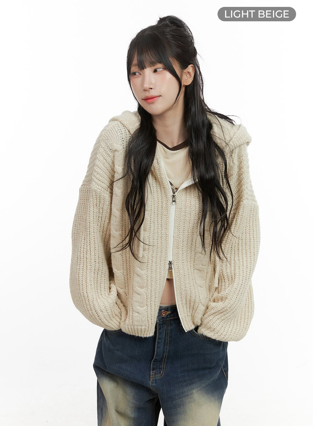 Oversized Cable Knit Zip-Up Hooded Sweater CG421 - Acubi