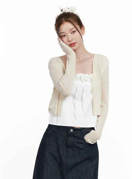ribbed-summer-cropped-cardigan-cl523 / Beige