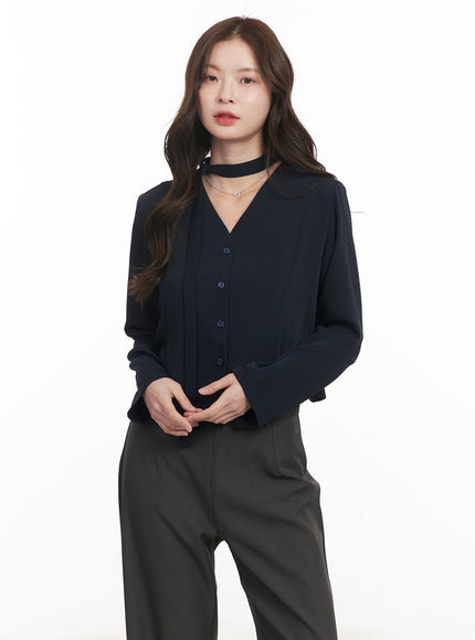 elegant-buttoned-v-neck-blouse-top-cm511 / Dark blue