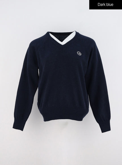 embroidered-fit-v-neck-sweater-oo323 / Dark blue