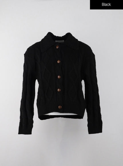 wool-blend-cable-knit-collar-solid-button-cardigan-ij302 / Black