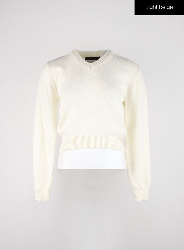v-neck-knitted-long-sleeve-sweater-od326 / Light beige