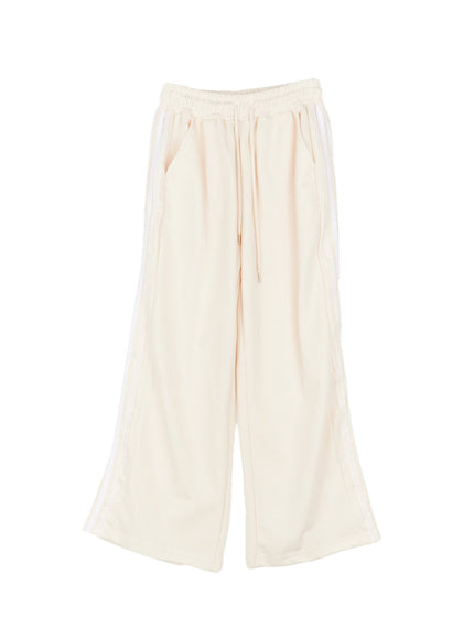 lace-trim-striped-sweatpants-cm504 / Light beige