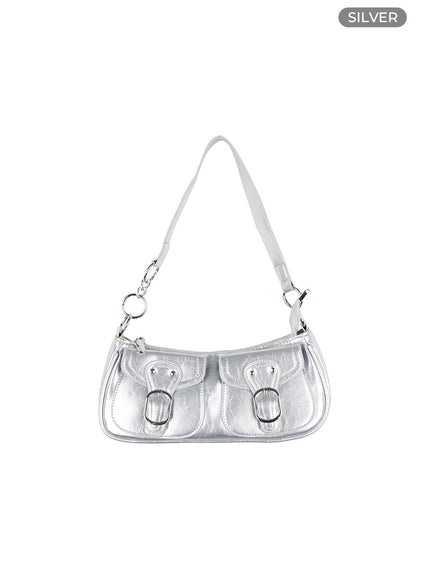 leather-buckle-pocket-shoulder-bag-cg423 / Siver