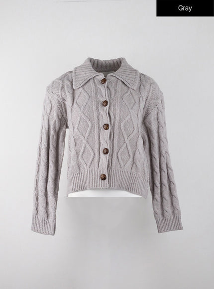 wool-blend-cable-knit-collar-solid-button-cardigan-ij302 / Gray