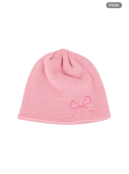 ribbon-embroidered-beanie-om418 / Pink