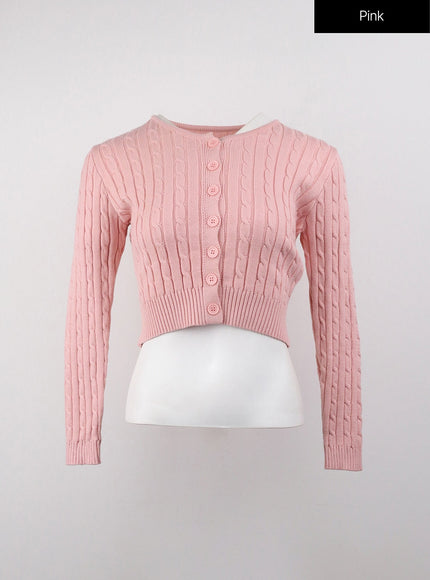 cable-knit-buttoned-crop-cardigan-oj416 / Pink