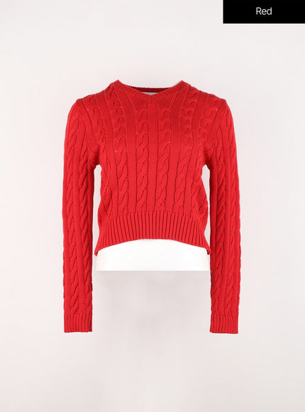 cable-knit-v-neck-sweater-in301 / Red