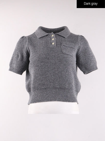 collar-short-sleeve-knit-sweater-of406 / Dark gray