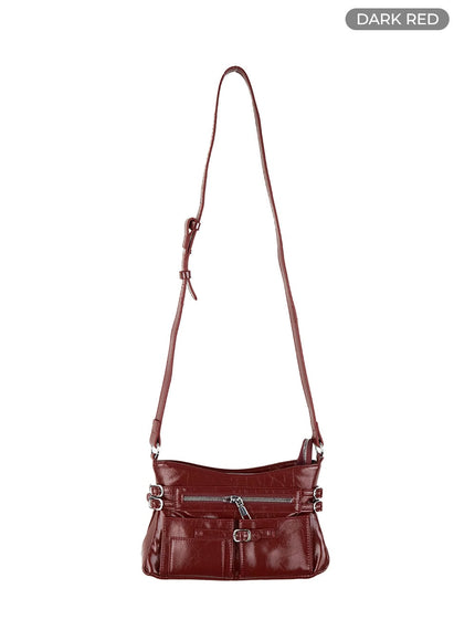 buckled-zipper-faux-leather-shoulder-bag-cg421 / Dark red