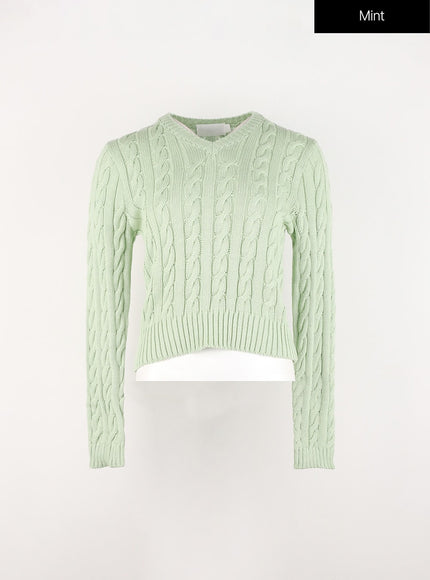 cable-knit-v-neck-sweater-in301 / Mint