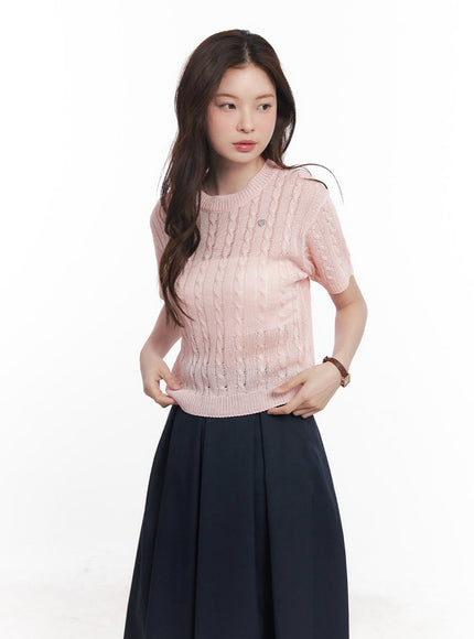 cable-knit-short-sleeve-sweater-cy515 / Light pink