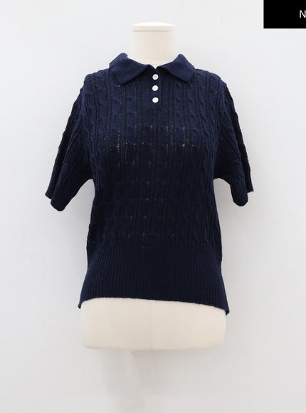 Cable Knit Collared Short-sleeve Sweater CA01