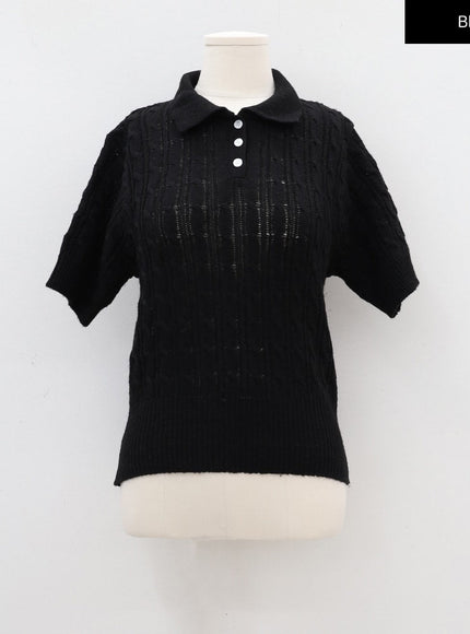 Cable Knit Collared Short-sleeve Sweater CA01