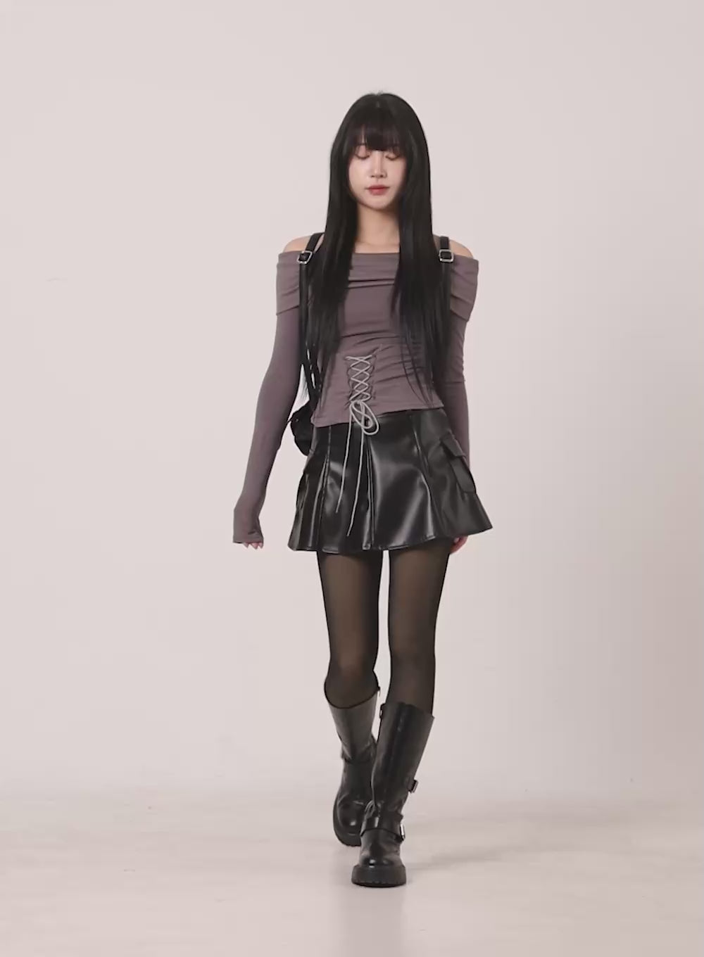 Pleated Glossy Faux-Leather Mini Skirt CJ529