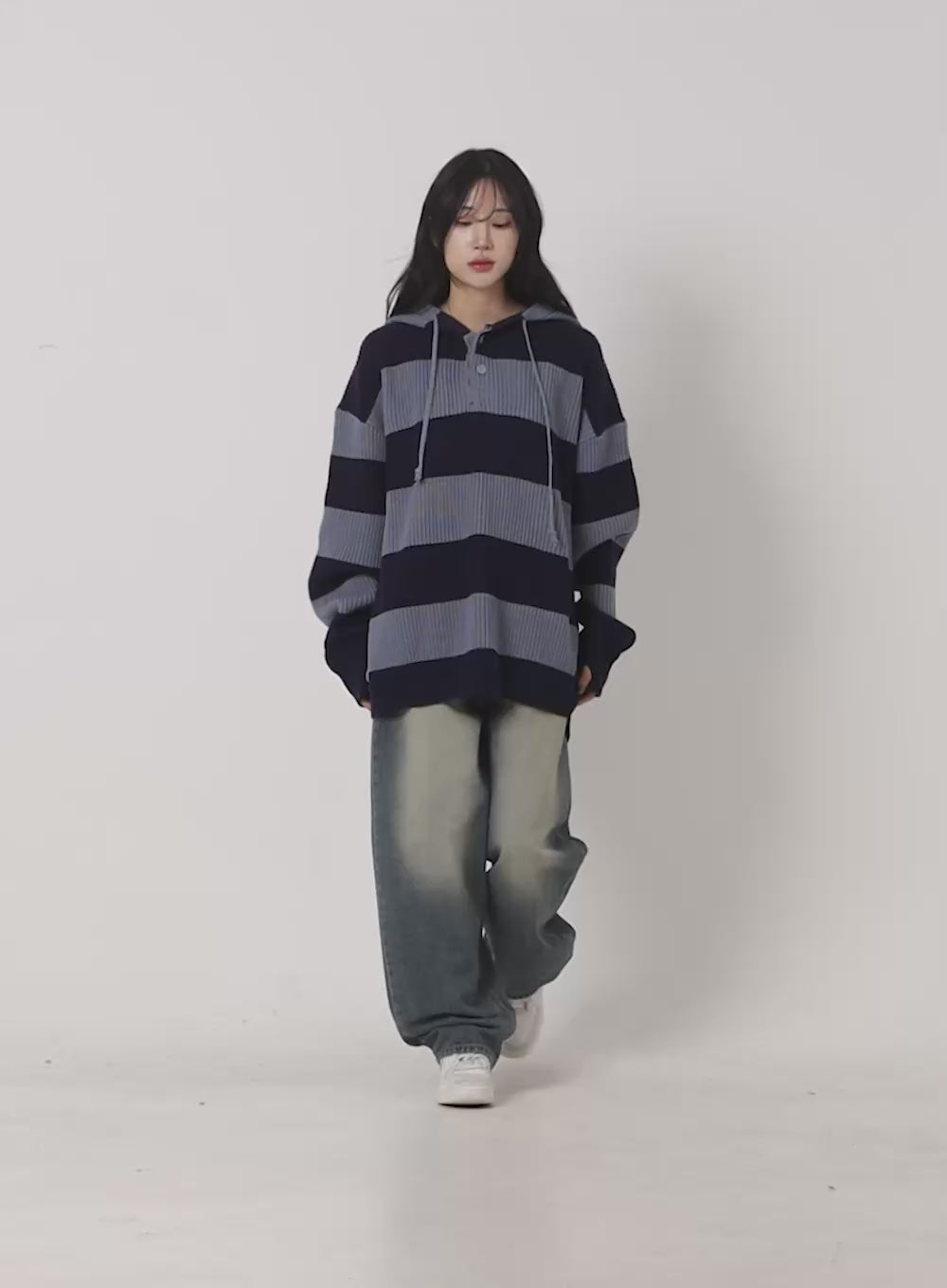 Buttoned Stripe Hoodie Sweater CN408