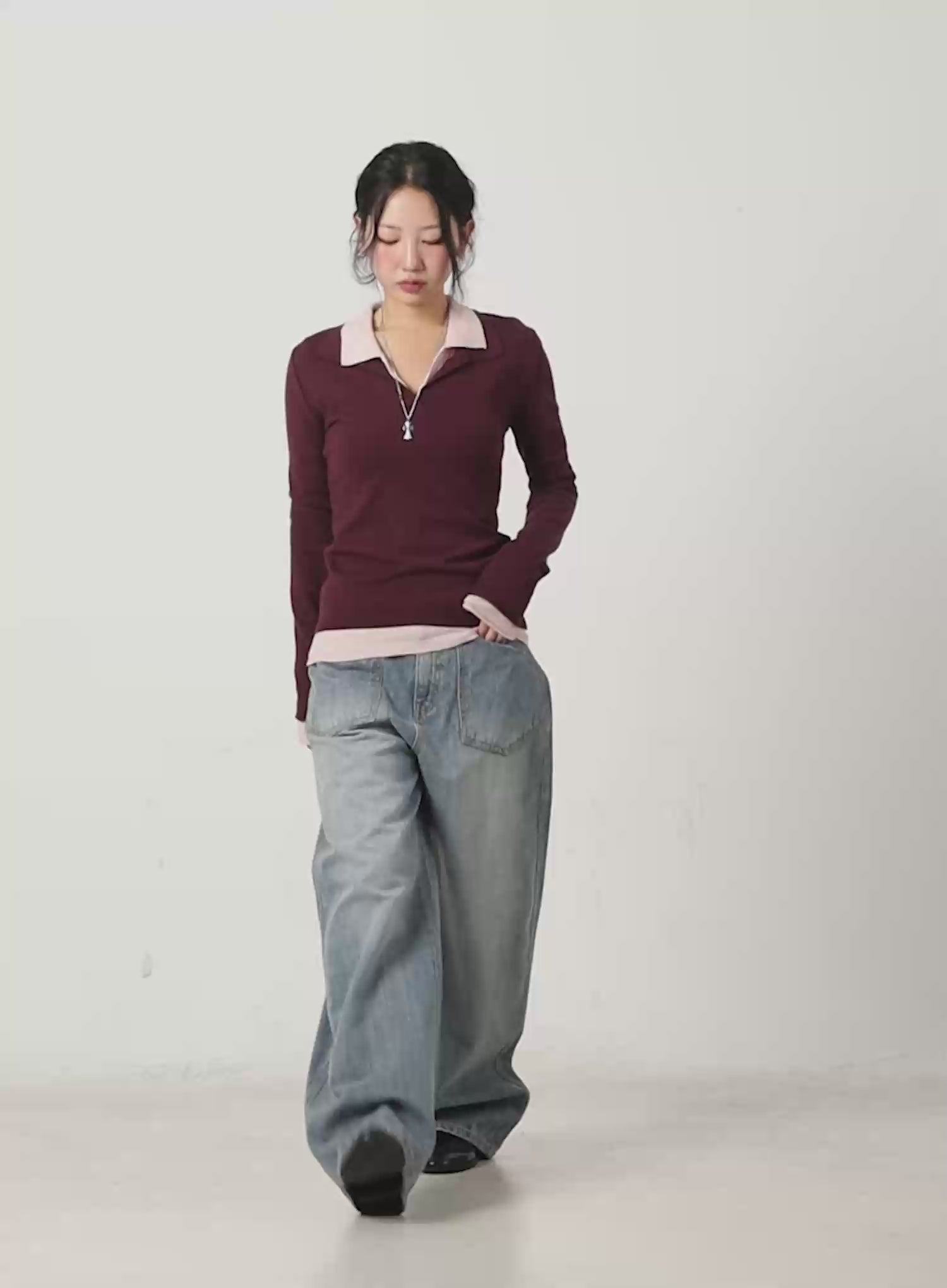 V-Neck Collar Long Sleeve Top CN514