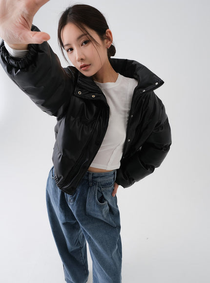 Faux Leather Cropped Puffer Jacket CS07