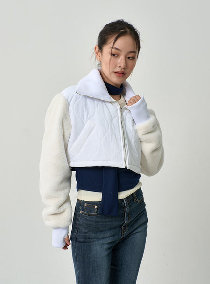 Faux Fur Sleeve Puffer Cropped Zipper Jacket CD19