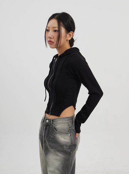 Ribbed Cropped Zip-Up Hoodie CJ330