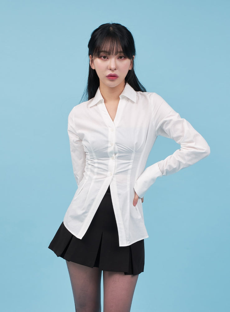 Open Collar Long Button Down Shirt CA13