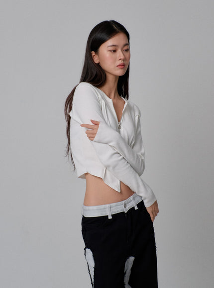 Two Way Zipper Cropped Knit Top IJ310